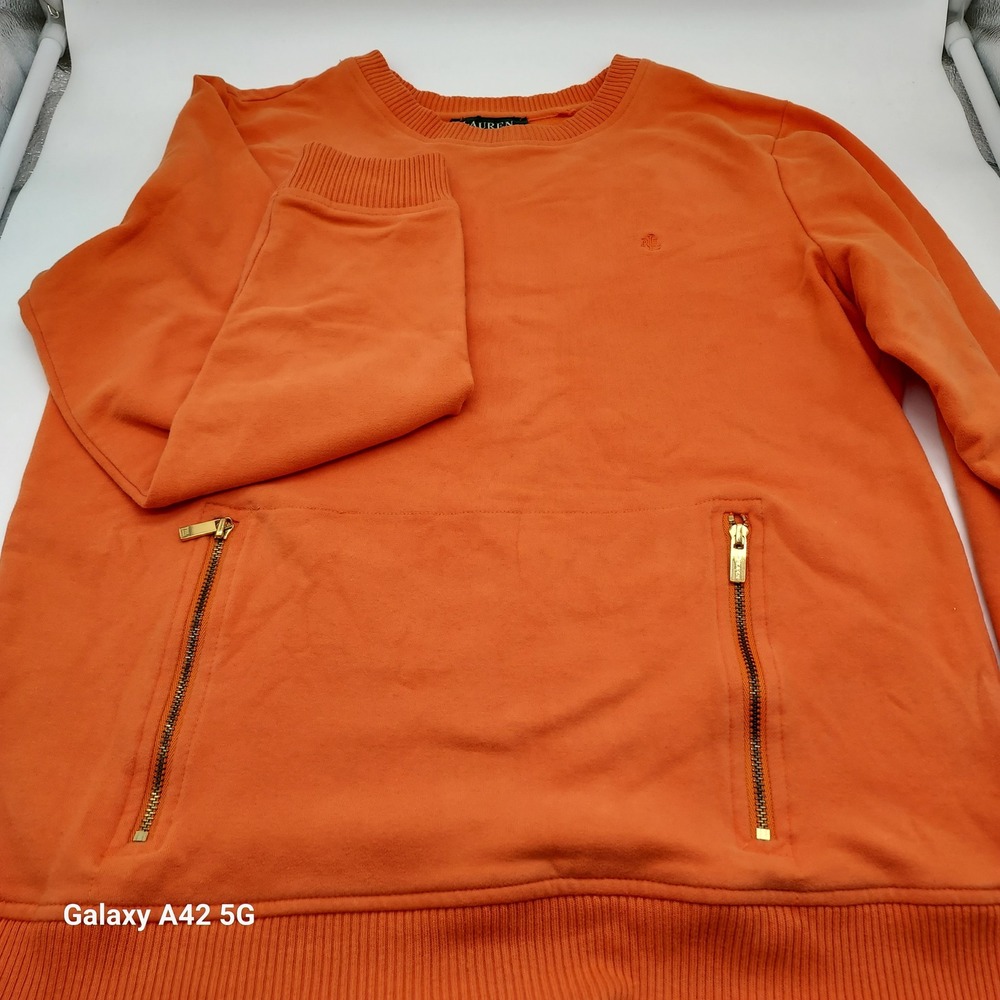 Lauren Ralph Lauren Orange Crewneck Sweatshirt Gold Zip Pocket Womens Medium